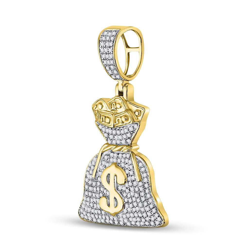 10K Yellow Gold Mens Round Diamond Money Bag Dollar Charm Pendant 1/2 Cttw, Length: 1.43 In, Width: 0.94 In