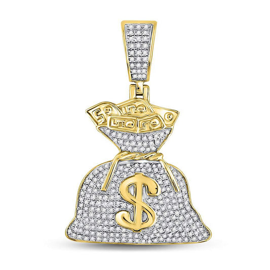10K Yellow Gold Mens Round Diamond Money Bag Dollar Charm Pendant 1/2 Cttw, Length: 1.43 In, Width: 0.94 In