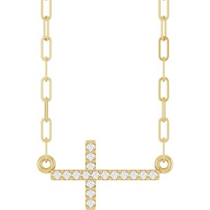 14K Yellow Gold Round 16 X 8.2 Mm 1Mm G-H I1 .06 Ctw Natural Diamond Sideways Cross Paperclip Necklace, Length: 18 In