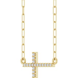 14K Yellow Gold Round 16 X 8.2 Mm 1Mm G-H I1 .06 Ctw Natural Diamond Sideways Cross Paperclip Necklace, Length: 18 In