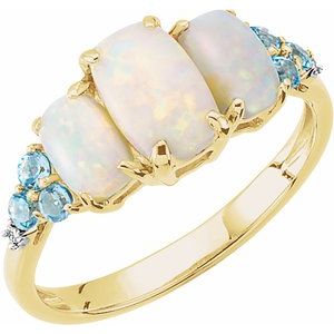 14K Yellow Gold Oval 8 X 5 Mm Natural Opal Natural Swiss Blue Topaz And .012 Ctw Natural Diamond Ring Size 7
