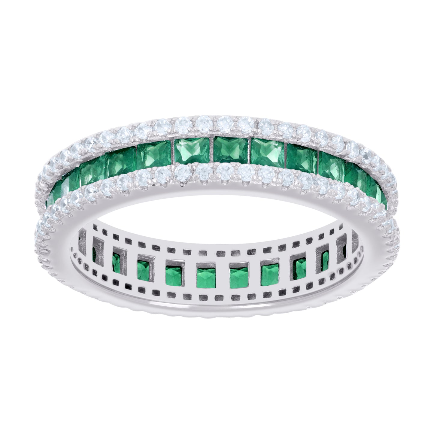 Sterling Silver Womens Green White Princess-cut Round Cubic-Zirconia Eternity Bridal Anniversary Engagement Wedding Band Ring