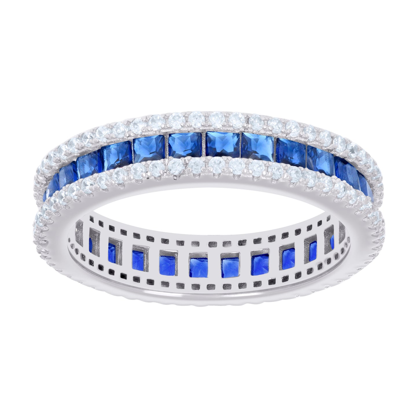 Sterling Silver Womens Blue White Princess-cut Round Cubic-Zirconia Eternity Bridal Anniversary Engagement Wedding Band Ring