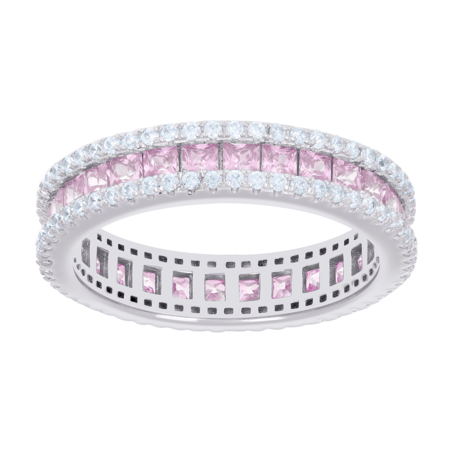 Sterling Silver Womens Pink White Princess-cut Round Cubic-Zirconia Eternity Bridal Anniversary Engagement Wedding Band Ring
