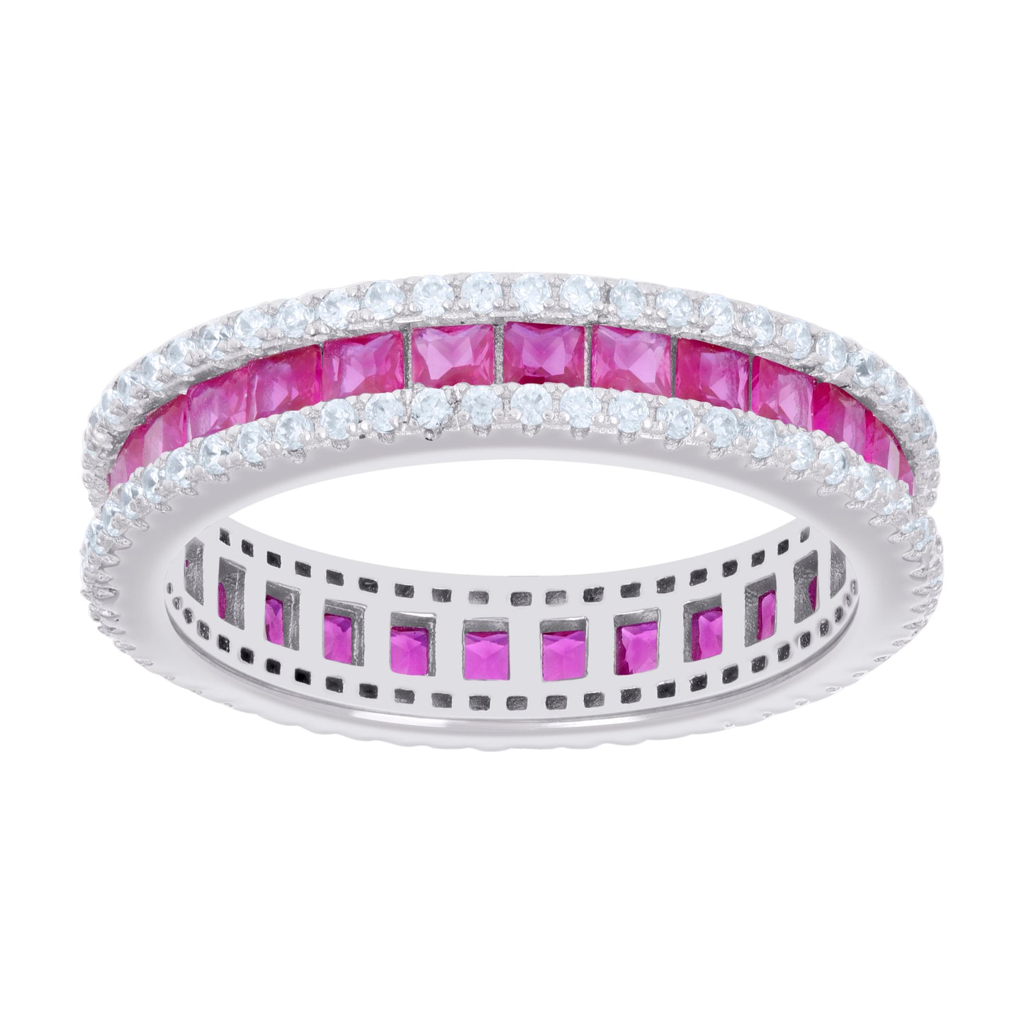 Sterling Silver Women's Pink White Princess-cut Round Cubic-Zirconia Eternity Bridal Anniversary Engagement Wedding Band Ring
