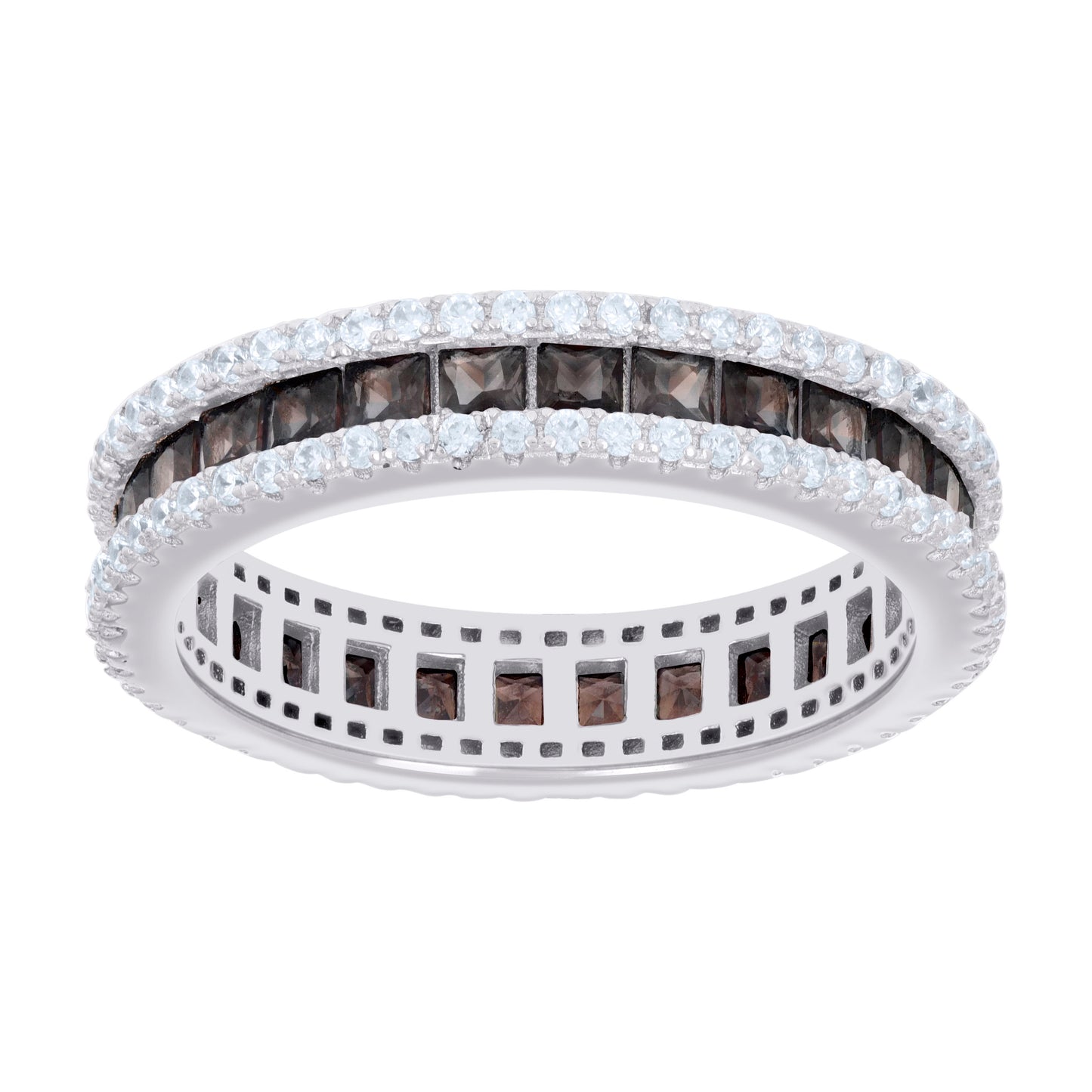 Sterling Silver Womens Brown White Princess-cut Round Cubic-Zirconia Eternity Bridal Anniversary Engagement Wedding Band Ring