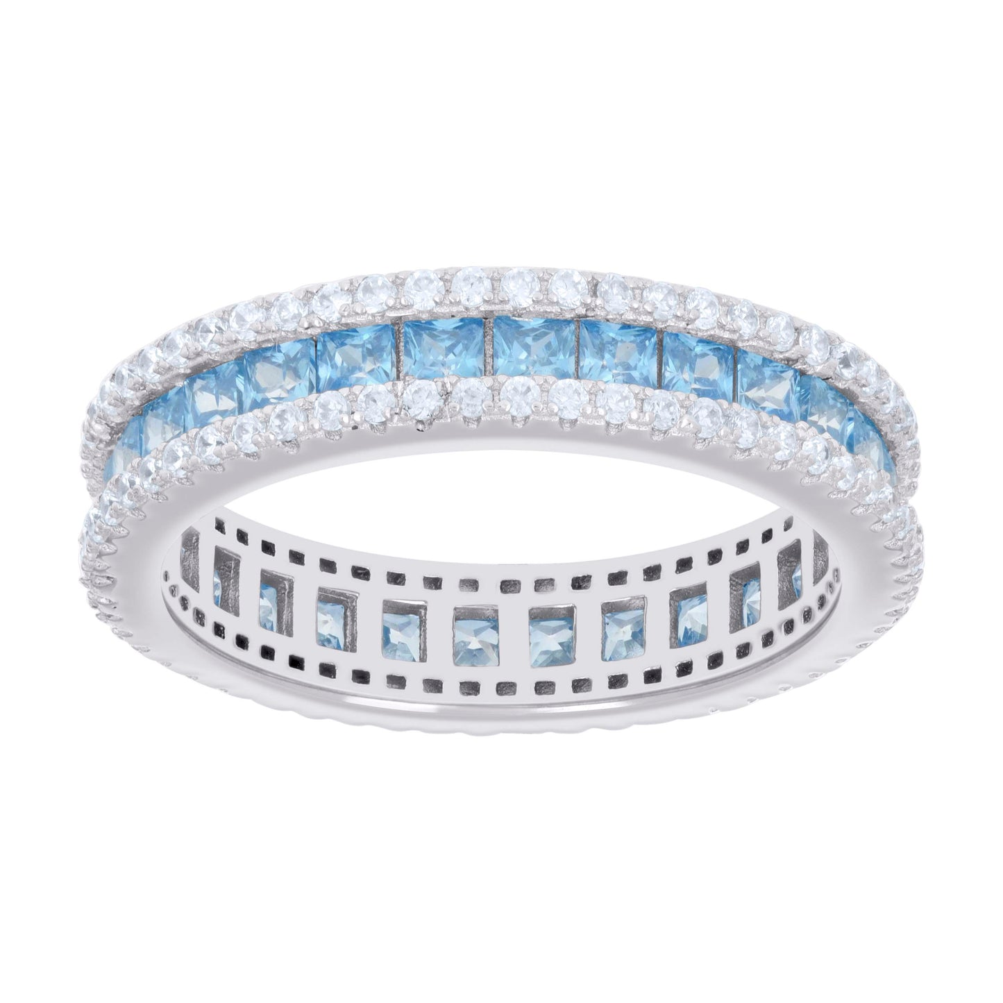Sterling Silver Womens Sky Blue White Princess-cut Round Cubic-Zirconia Eternity Bridal Anniversary Engagement Wedding Band Ring