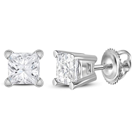 14K White Gold Unisex Princess Diamond Solitaire Stud Earrings 1/2 Cttw