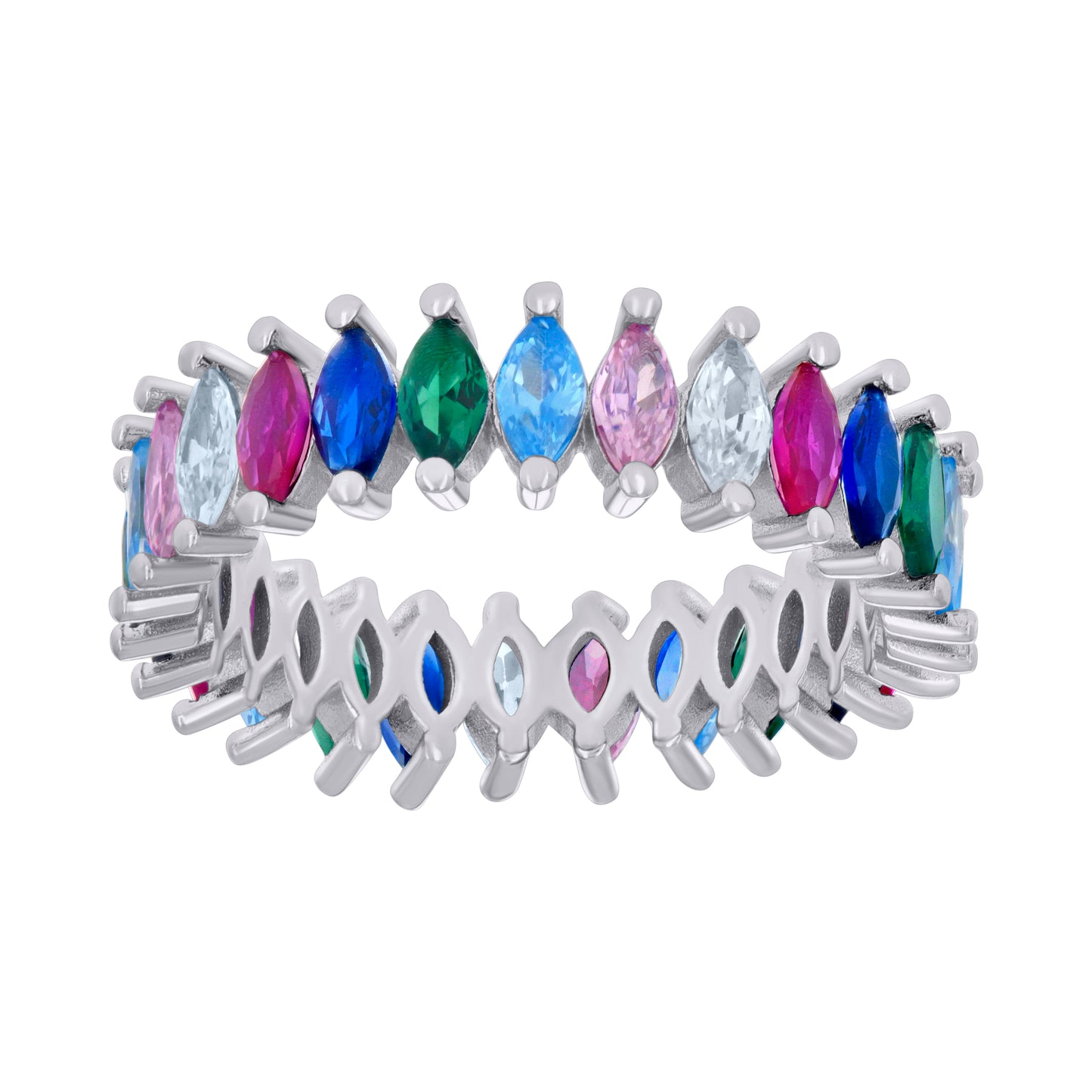 Sterling Silver Womens Multi-Color Marquise Cubic-Zirconia Eternity Bridal Anniversary Wedding Engagement Band Ring
