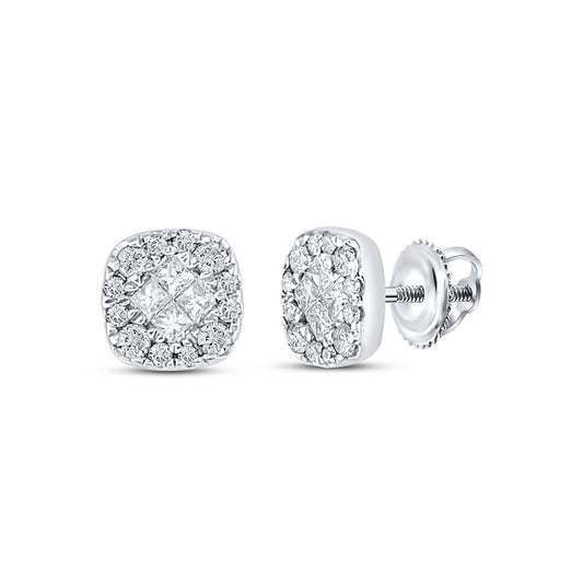 14K White Gold Womens Princess Round Diamond Square Cluster Earrings 1/4 Cttw