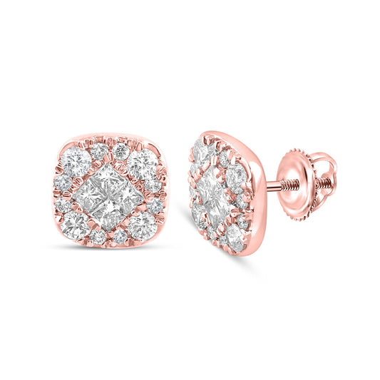 14K Yellow Or White Or Rose Gold Womens Princess Round Diamond Square Earrings