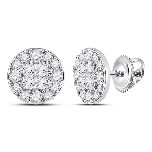 14K White Gold Womens Princess Round Diamond Cluster Earrings 2 Cttw