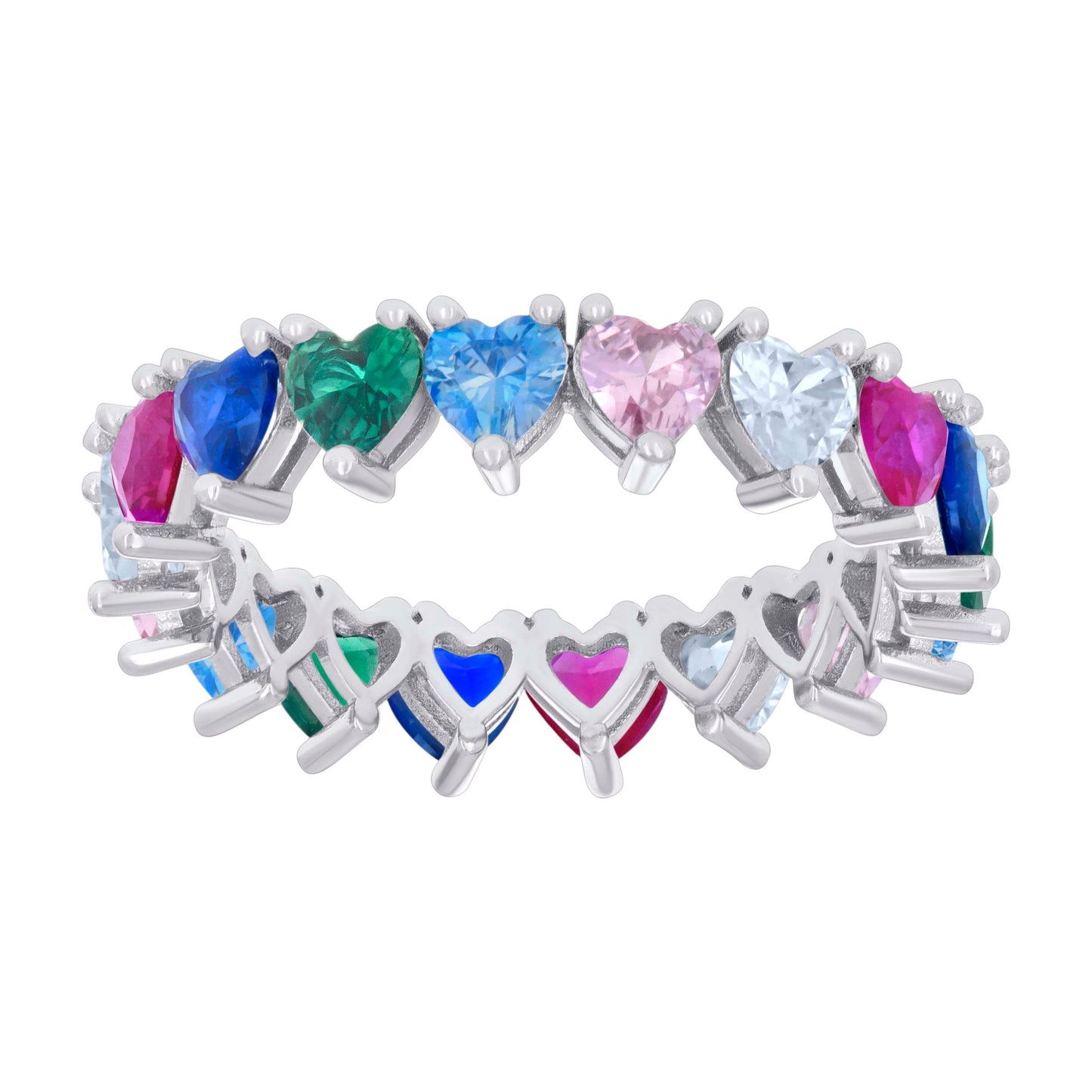 Sterling Silver Womens Multi-Color Heart Cubic-Zirconia Heart Eternity Bridal Anniversary Wedding Engagement Band Ring