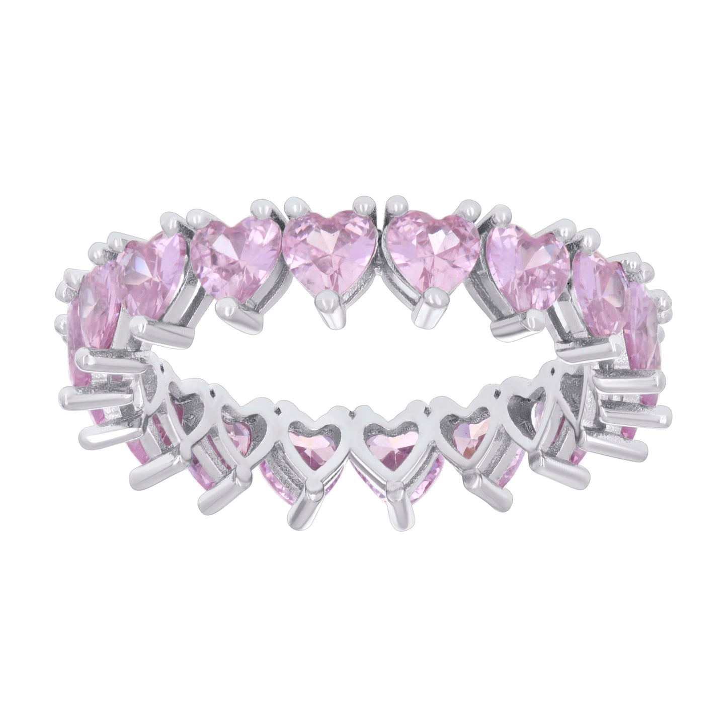 Sterling Silver Womens Pink Heart Cubic-Zirconia Heart Eternity Bridal Anniversary Wedding Engagement Band Ring
