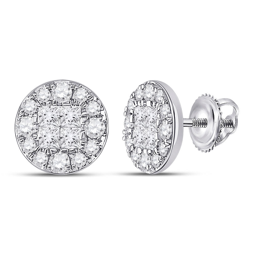 14K White Gold Womens Princess Round Diamond Cluster Earrings 1 Cttw