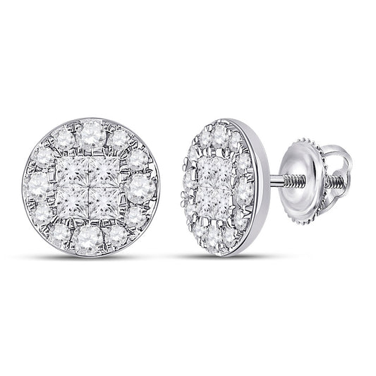 14K White Gold Womens Princess Round Diamond Cluster Earrings 1 Cttw