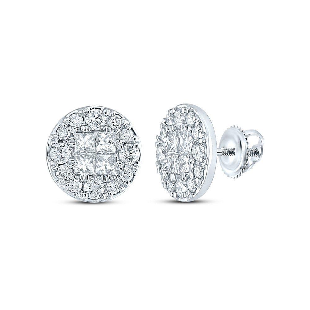 14K White Gold Womens Princess Round Diamond Circle Earrings 1-1/2 Cttw