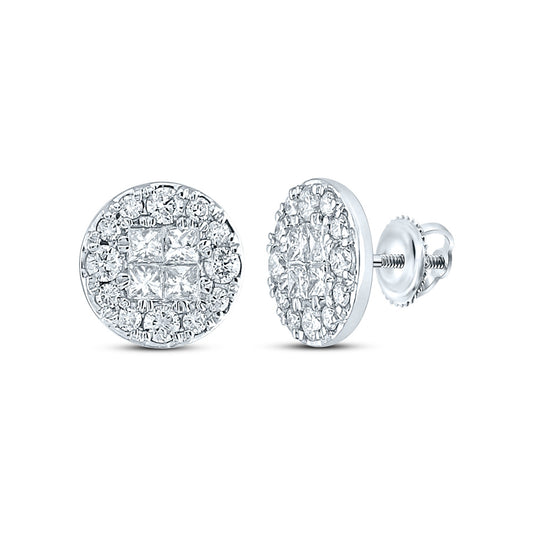 14K White Gold Womens Princess Round Diamond Circle Earrings 1-1/2 Cttw