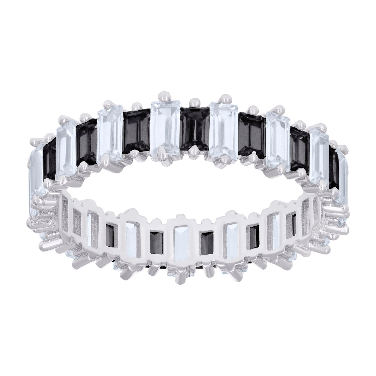 Sterling Silver Womens Baguette Black White Cubic-Zirconia Fashion Bridal Anniversary Wedding Engagement Band Ring