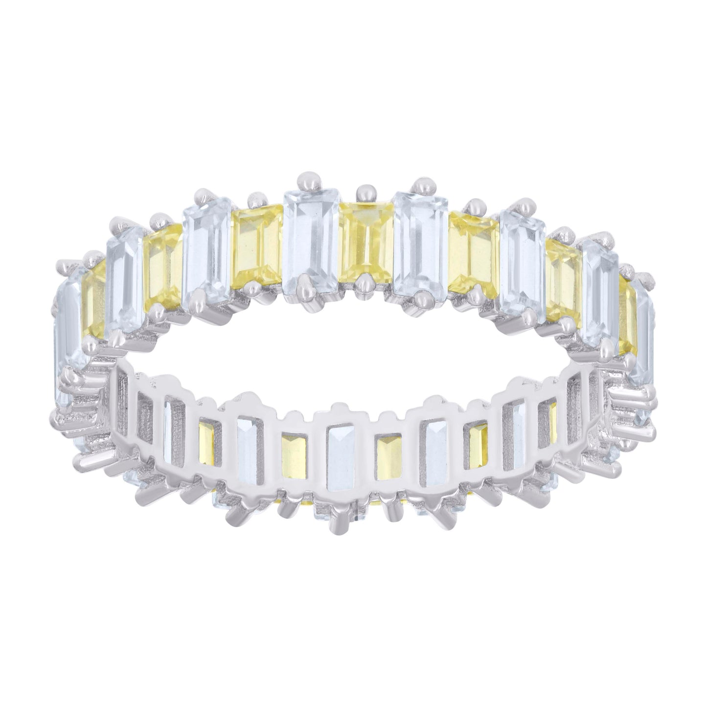 Sterling Silver Womens Baguette Yellow White Cubic-Zirconia Fashion Bridal Anniversary Wedding Engagement Band Ring