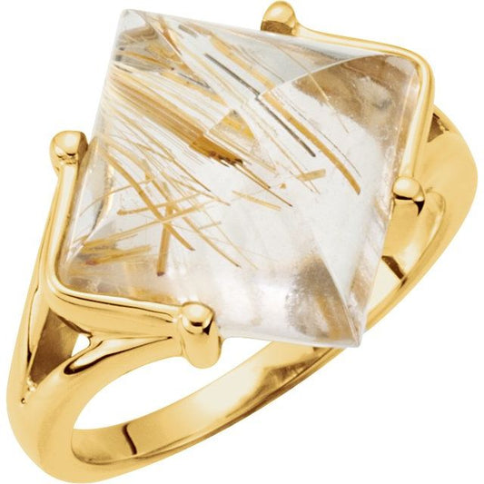 14K Yellow Gold Square 12 X 12 Mm Polished Natural Rutilated Quartz Ring, Size 7