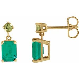 14K Yellow Gold Emerald 7 X 5 Mm Lab-Grown Emerald And Natural Peridot Dangle Earrings