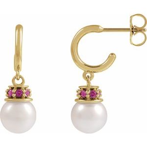 14K Yellow Gold Pearl 7-7.5 Mm Cultured Pearl And Natural Pink Tourmaline Earrings