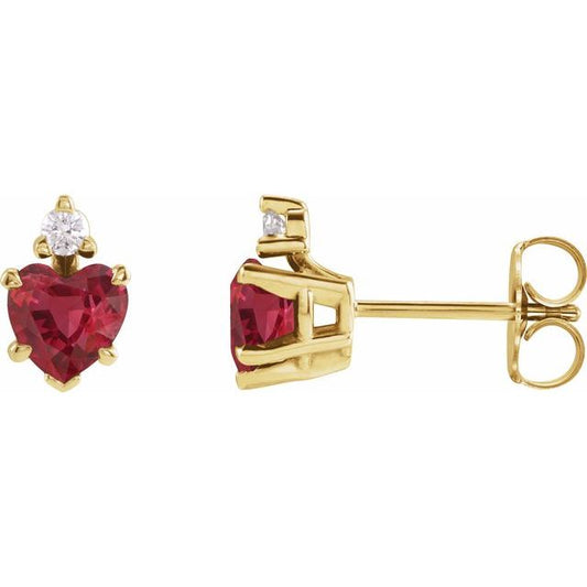 14K Yellow Gold Heart 4 X 4 Mm Friction Backs Polished Lab Grown Ruby And .06 Ctw Natural Diamond 5-Claw Prong Earrings