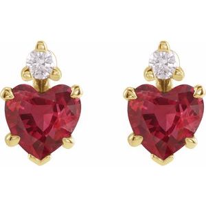 14K Yellow Gold Heart 6 X 6 Mm Lab Grown Ruby And .06 Ctw Natural Diamond 5-Claw Prong Earrings