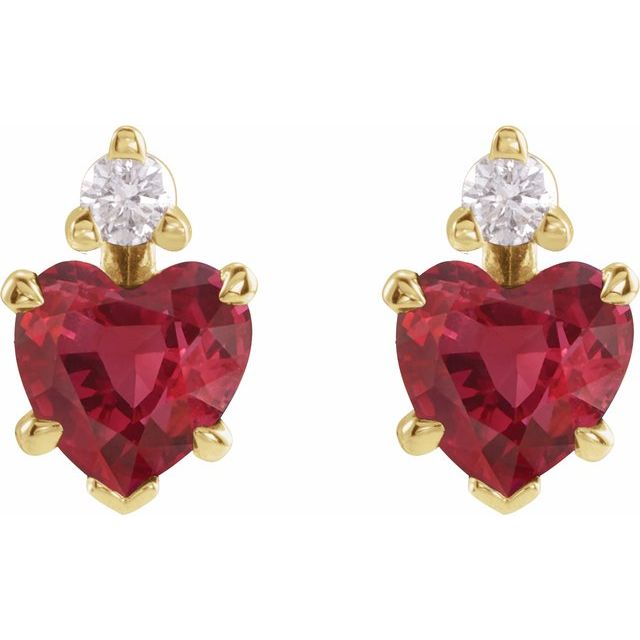 14K Yellow Gold Heart 5 X 5 Mm Friction Backs Polished Lab Grown Ruby And .06 Ctw Natural Diamond 5-Claw Prong Earrings