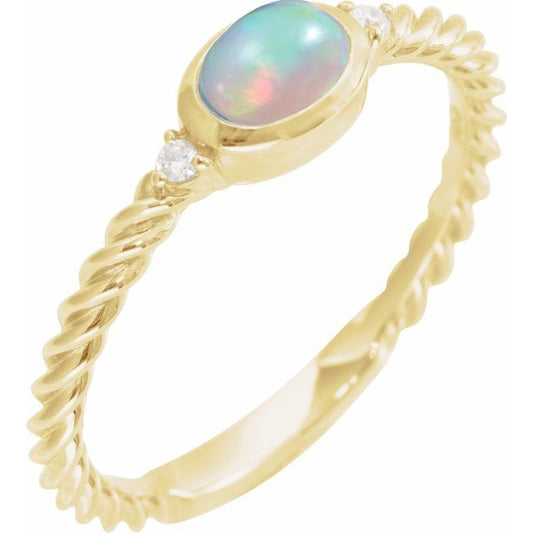 14K Yellow Gold Oval 8 X 6 Mm Polished Natural Ethiopian Opal Cabochon And .03 Ctw Natural Diamond Rope Ring, Size 7