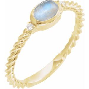 14K Yellow Gold Oval 8 X 6 Mm Polished Natural Rainbow Moonstone Cabochon And .03 Ctw Natural Diamond Rope Ring Size 7