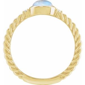 14K Yellow Gold Oval 8 X 6 Mm Polished Natural Rainbow Moonstone Cabochon And .03 Ctw Natural Diamond Rope Ring Size 7