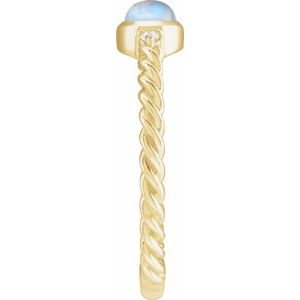14K Yellow Gold Oval 8 X 6 Mm Polished Natural Rainbow Moonstone Cabochon And .03 Ctw Natural Diamond Rope Ring Size 7