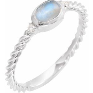 14K White Gold Oval 8 X 6 Mm Polished Natural Rainbow Moonstone Cabochon And .03 Ctw Natural Diamond Rope Ring Size 7