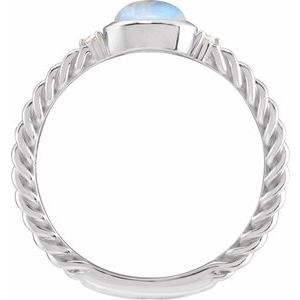 14K White Gold Oval 8 X 6 Mm Polished Natural Rainbow Moonstone Cabochon And .03 Ctw Natural Diamond Rope Ring Size 7