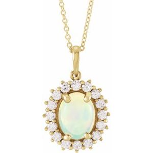 14K Yellow Gold Oval 8 X 6Mm G-H I1 Natural Ethiopian Opal And 1/3 Ctw Natural Diamond Necklace, Length: 18 In
