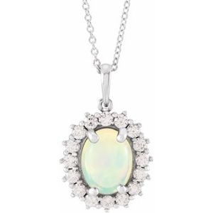 14K White Gold Oval 8 X 6Mm G-H I1 Natural Ethiopian Opal And 1/3 Ctw Natural Diamond Necklace, Length: 18 In
