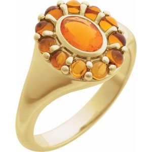 14K Yellow Gold Oval 7 X 5 Mm Polished Natural Mexican Fire Opal And Cabochon Natural Citrine Halo-Style Ring Size 7