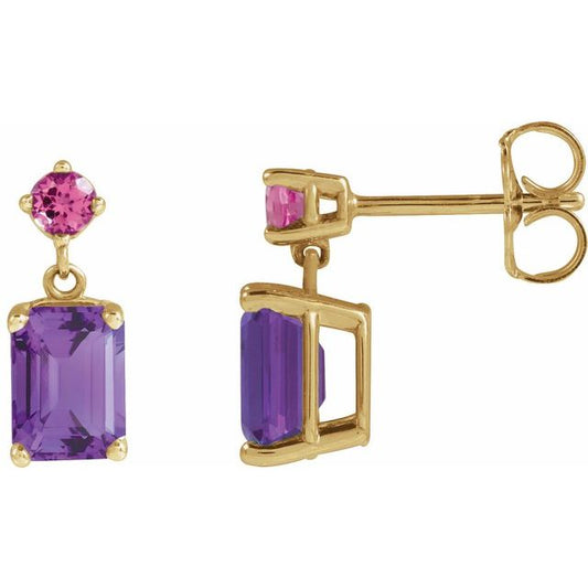 14K Yellow Gold Emerald 7 X 5 Mm Friction Backs Polished Natural Amethyst And Natural Pink Tourmaline Dangle Earrings