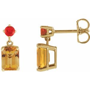 14K Yellow Gold Emerald 7 X 5 Mm Natural Citrine And Natural Mexican Fire Opal Dangle Earrings