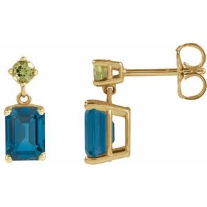 14K Yellow Gold Emerald 7 X 5 Mm Natural London Blue Topaz And Natural Peridot Dangle Earrings