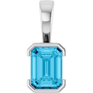 14K White Gold Emerald 8 X 6 Mm Lab-Grown Aqua Sapphire Pendant