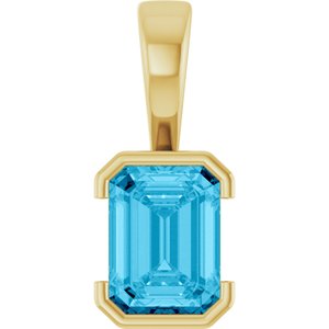 14K Yellow Gold Emerald 8 X 6 Mm Lab-Grown Aqua Sapphire Pendant
