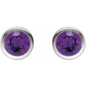 Platinum Round Shape 6 Mm Natural Amethyst Bezel-Set Stud Earrings