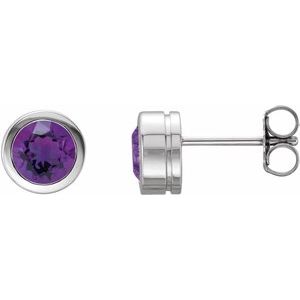 Platinum Round Shape 6 Mm Natural Amethyst Bezel-Set Stud Earrings