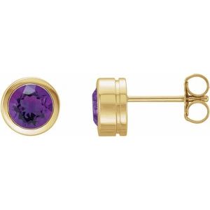 14K Yellow Gold Round Shape 6 Mm Natural Amethyst Bezel-Set Stud Earrings