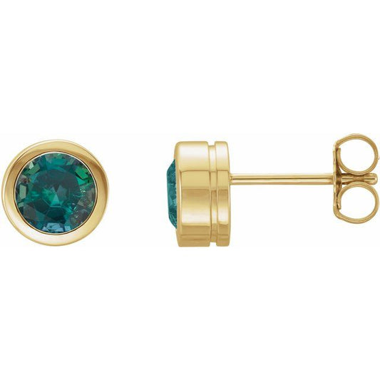 14K Yellow Gold Round Pair 5 Mm Friction Bezel Polished Lab-Grown Alexandrite Bezel-Set Stud Earrings