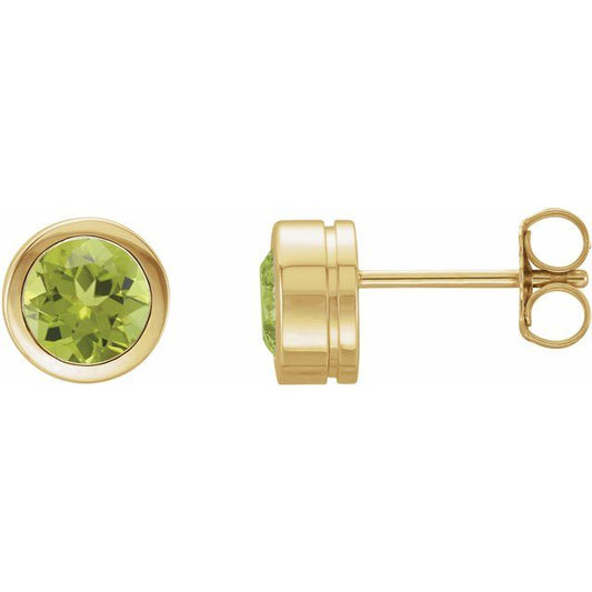 14K Yellow Gold Round Pair 5 Mm Friction Bezel Polished Natural Peridot Bezel-Set Stud Earrings