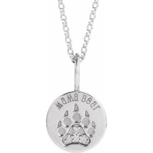 Sterling Silver Round 1.2Mm I1, G-H 18 In Polished .03 Ctw Natural Diamond Mama Bear Necklace